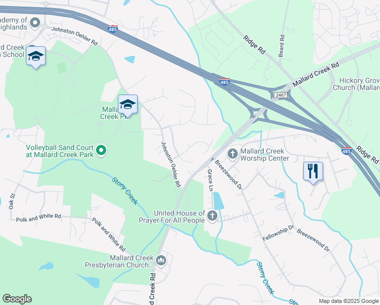 map of restaurants, bars, coffee shops, grocery stores, and more near 11828 Song Sparrow Lane in Charlotte