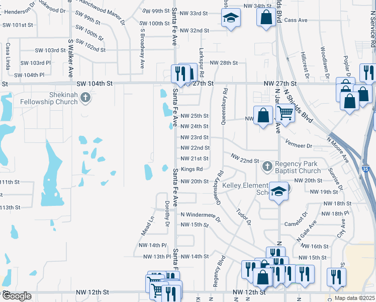 map of restaurants, bars, coffee shops, grocery stores, and more near 1024 Northwest 21st Street in Moore