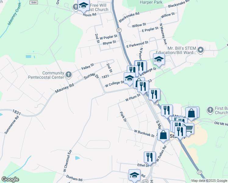 map of restaurants, bars, coffee shops, grocery stores, and more near West Chestnut Street in Stanley