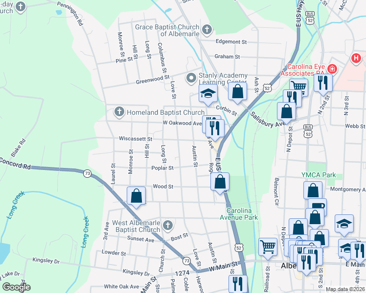map of restaurants, bars, coffee shops, grocery stores, and more near 721 Austin Street in Albemarle