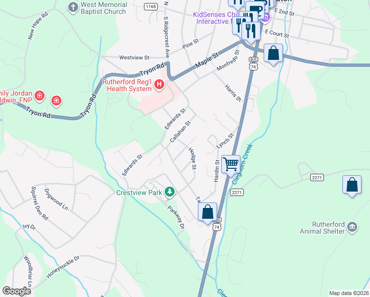 map of restaurants, bars, coffee shops, grocery stores, and more near Freeman Street in Rutherfordton