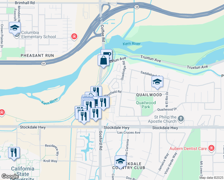 map of restaurants, bars, coffee shops, grocery stores, and more near 601 Deseret Way in Bakersfield