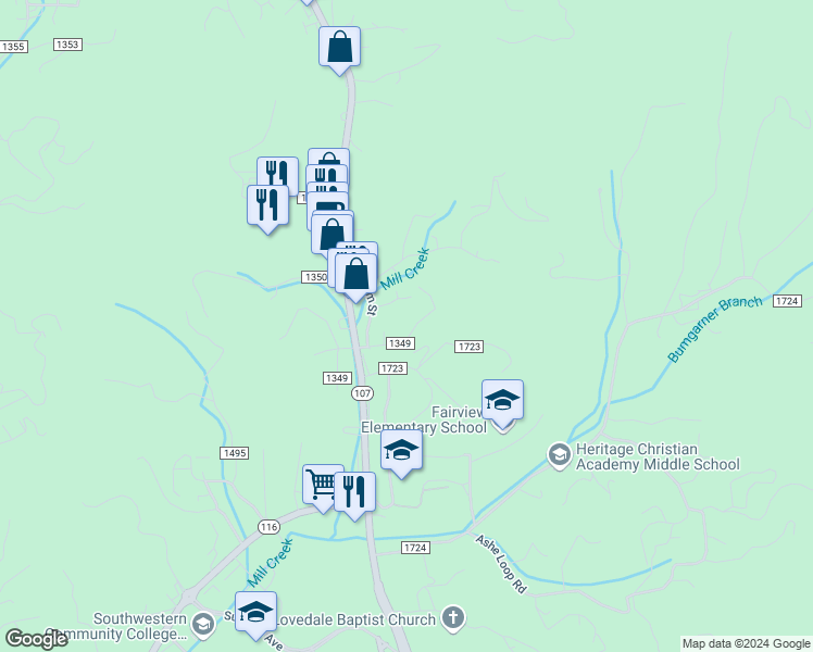map of restaurants, bars, coffee shops, grocery stores, and more near 125 Crestview Heights in Sylva