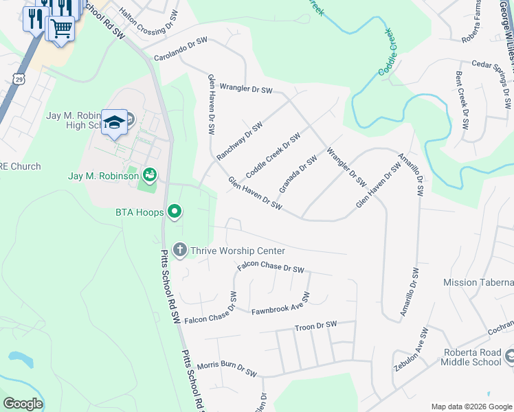 map of restaurants, bars, coffee shops, grocery stores, and more near 4590 Artdale Road Southwest in Concord