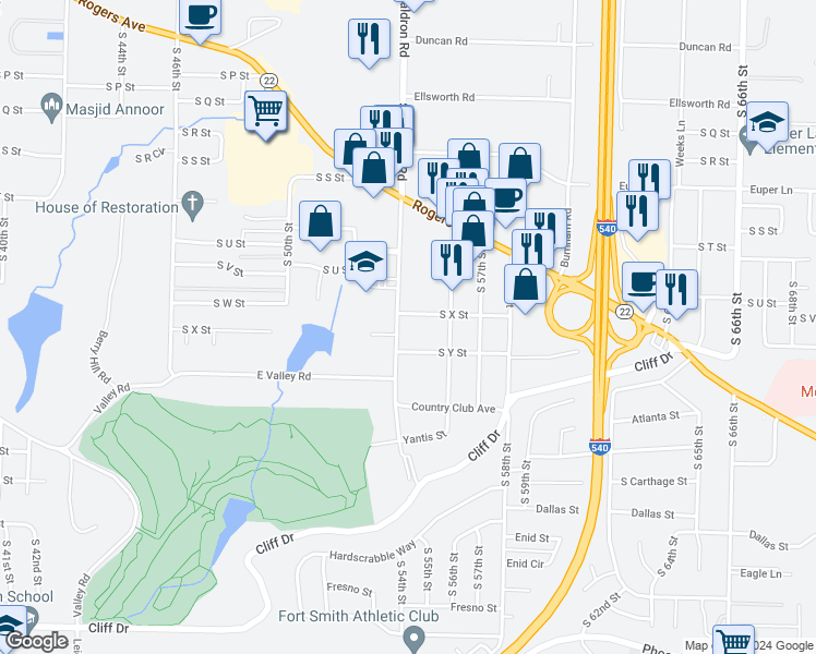 map of restaurants, bars, coffee shops, grocery stores, and more near 5409 South Y Street in Fort Smith