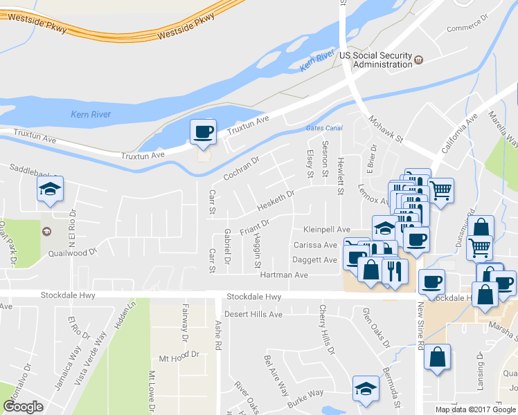 map of restaurants, bars, coffee shops, grocery stores, and more near 6098 Hesketh Drive in Bakersfield