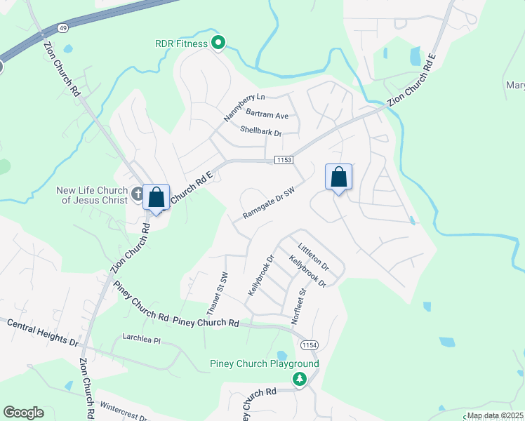 map of restaurants, bars, coffee shops, grocery stores, and more near 1029 Ramsgate Drive Southwest in Concord