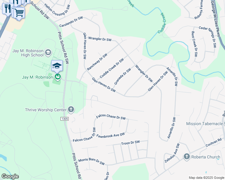 map of restaurants, bars, coffee shops, grocery stores, and more near 4101 Glen Haven Drive Southwest in Concord