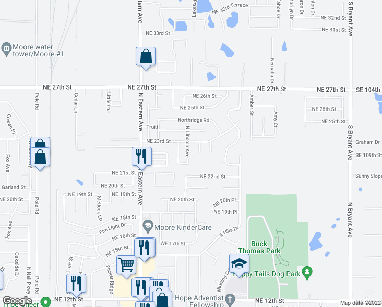 map of restaurants, bars, coffee shops, grocery stores, and more near 2314 North Lincoln Avenue in Moore