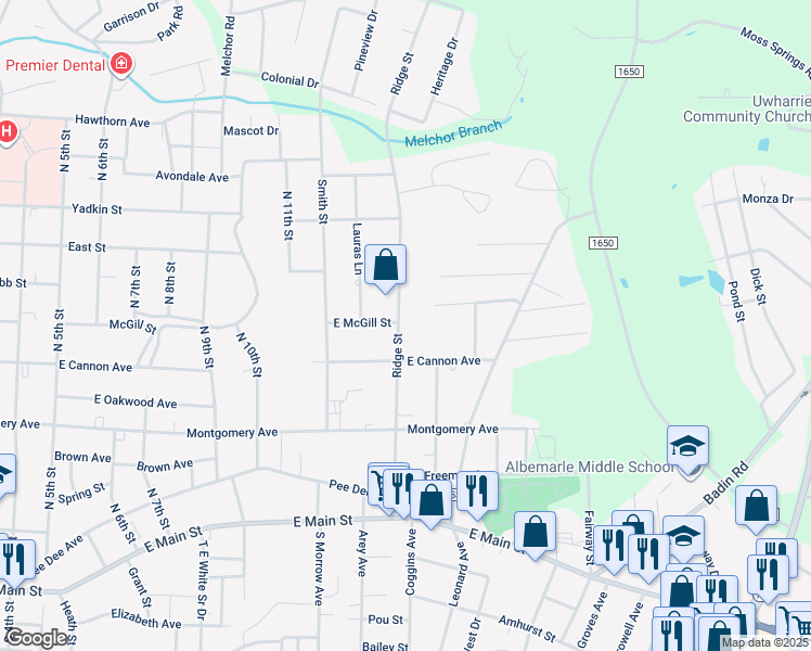 map of restaurants, bars, coffee shops, grocery stores, and more near 532 Ridge Street in Albemarle