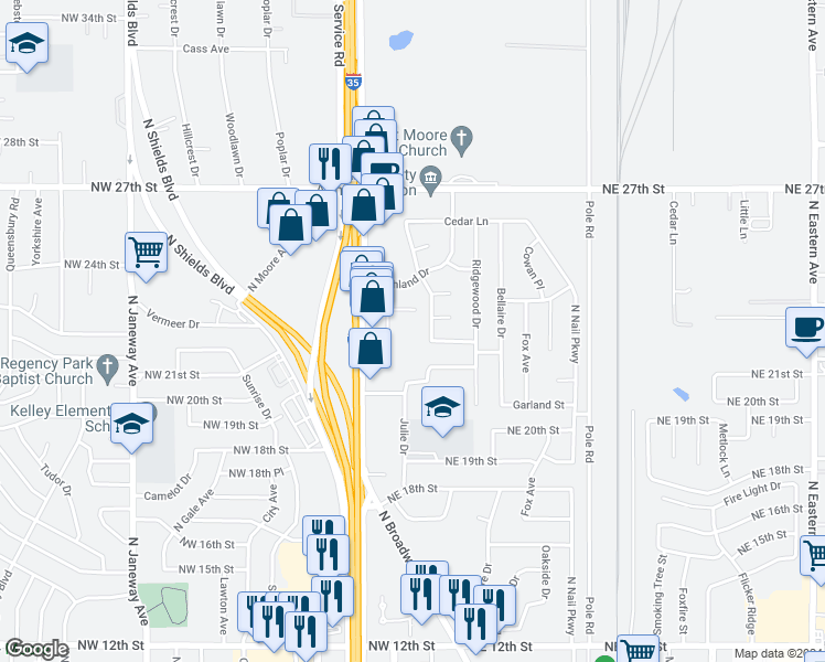 map of restaurants, bars, coffee shops, grocery stores, and more near 124 Northeast 23rd Street in Moore