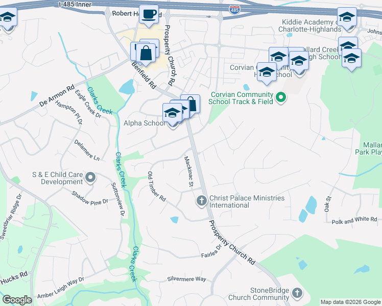 map of restaurants, bars, coffee shops, grocery stores, and more near 5132 Stone Park Drive in Charlotte
