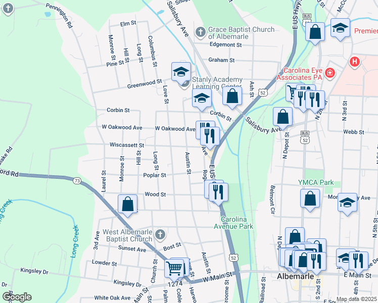 map of restaurants, bars, coffee shops, grocery stores, and more near 742 Austin Street in Albemarle