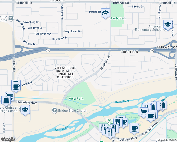 map of restaurants, bars, coffee shops, grocery stores, and more near 217 Hollyhill Drive in Bakersfield