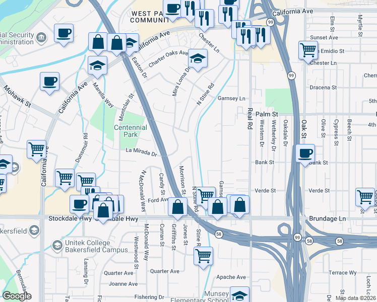 map of restaurants, bars, coffee shops, grocery stores, and more near 223 North Stine Road in Bakersfield