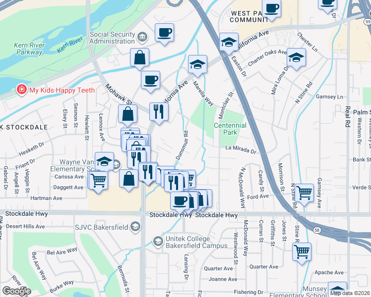 map of restaurants, bars, coffee shops, grocery stores, and more near 5100 Dunsmuir Road in Bakersfield