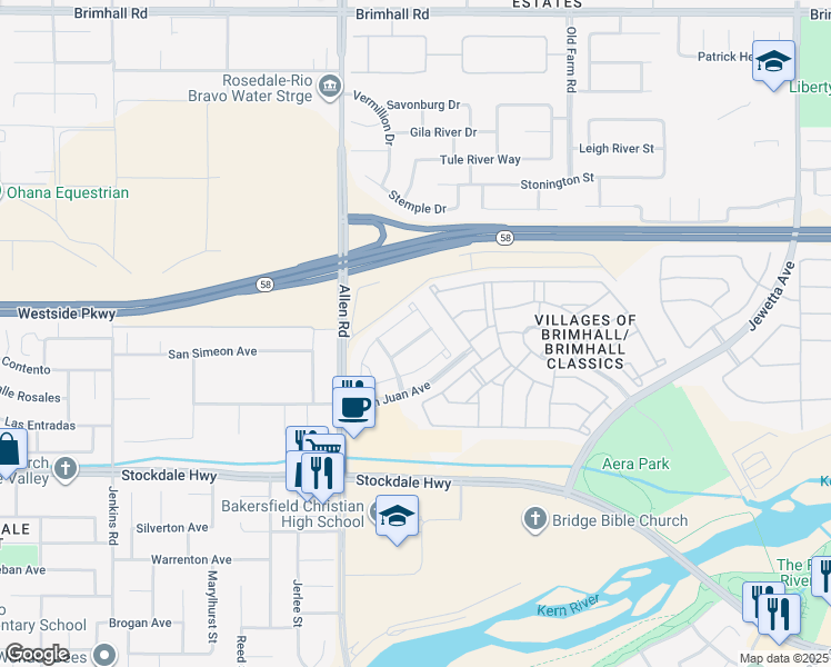 map of restaurants, bars, coffee shops, grocery stores, and more near 240 Woodbourne Drive in Bakersfield