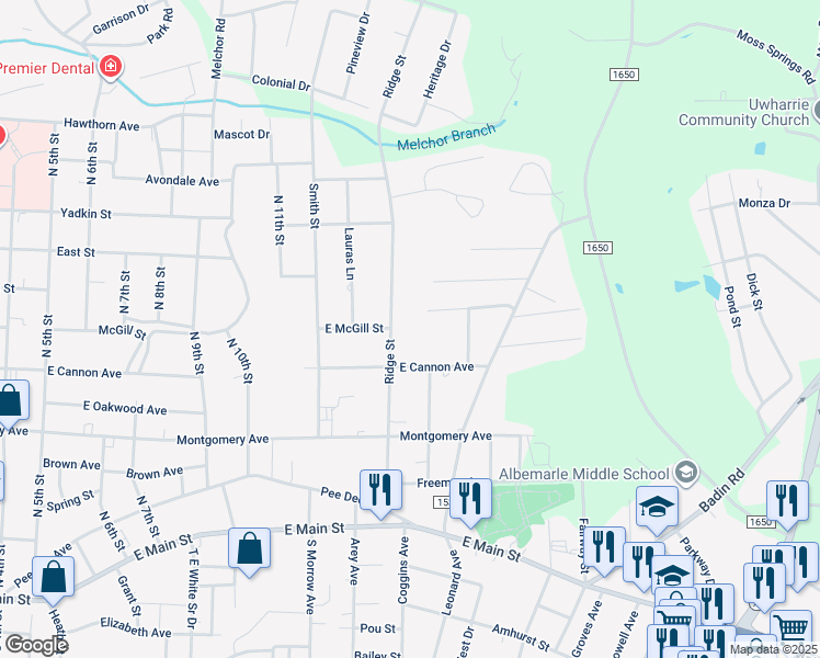 map of restaurants, bars, coffee shops, grocery stores, and more near 532 Ridge Street in Albemarle