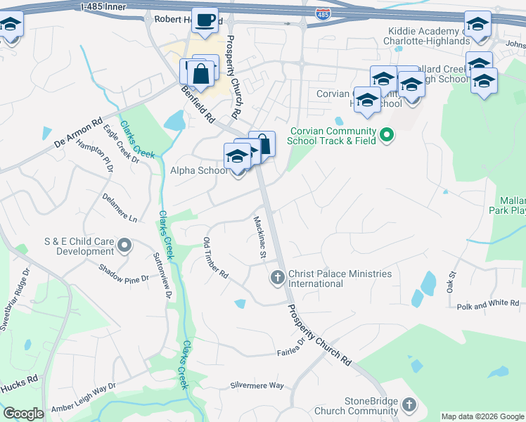 map of restaurants, bars, coffee shops, grocery stores, and more near 5132 Stone Park Drive in Charlotte