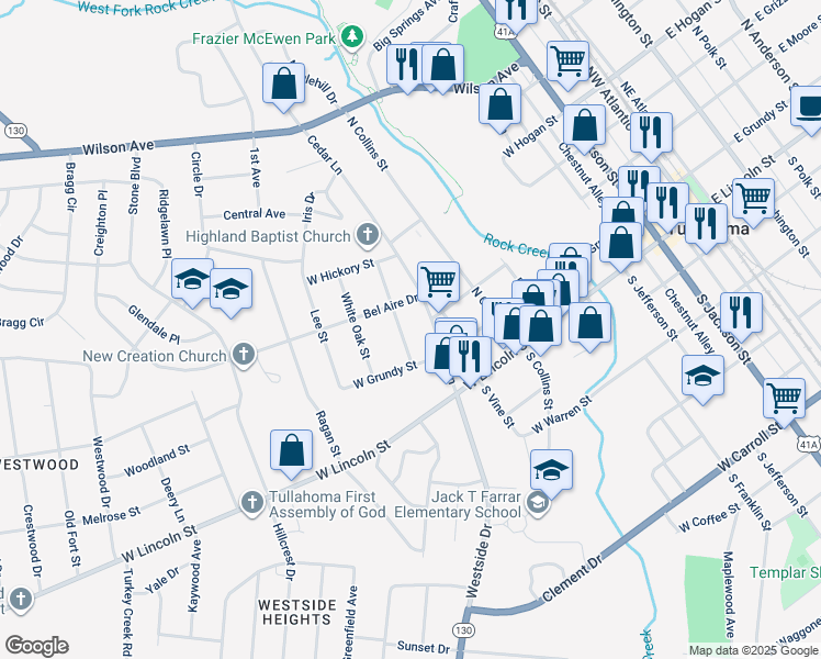 map of restaurants, bars, coffee shops, grocery stores, and more near 707 Bel Aire Drive in Tullahoma