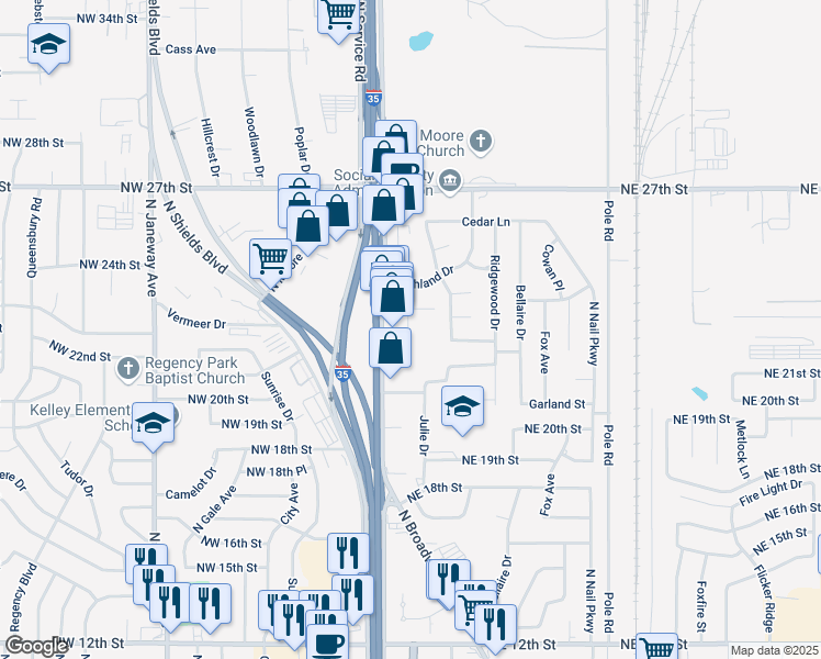 map of restaurants, bars, coffee shops, grocery stores, and more near 109 Northeast 23rd Street in Moore