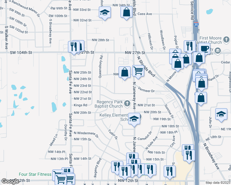 map of restaurants, bars, coffee shops, grocery stores, and more near 2408 Nottingham Way in Moore
