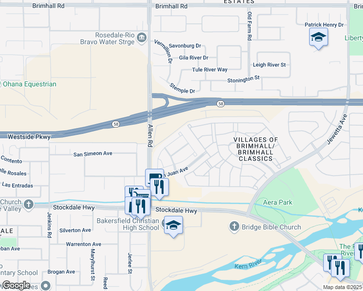map of restaurants, bars, coffee shops, grocery stores, and more near 240 Woodbourne Drive in Bakersfield