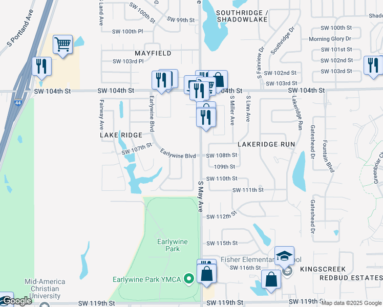 map of restaurants, bars, coffee shops, grocery stores, and more near 10801 South May Avenue in Oklahoma City