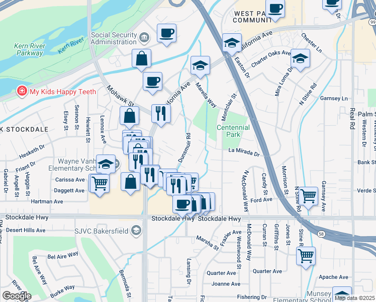 map of restaurants, bars, coffee shops, grocery stores, and more near 5100 Dunsmuir Road in Bakersfield