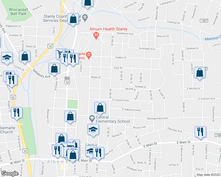 map of restaurants, bars, coffee shops, grocery stores, and more near 401 McGill Street in Albemarle
