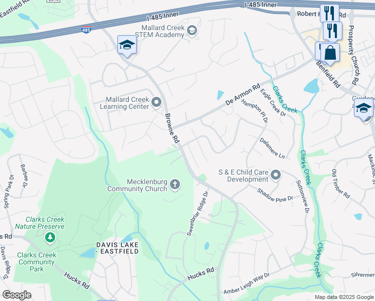 map of restaurants, bars, coffee shops, grocery stores, and more near 8519 Redstone View Drive in Charlotte