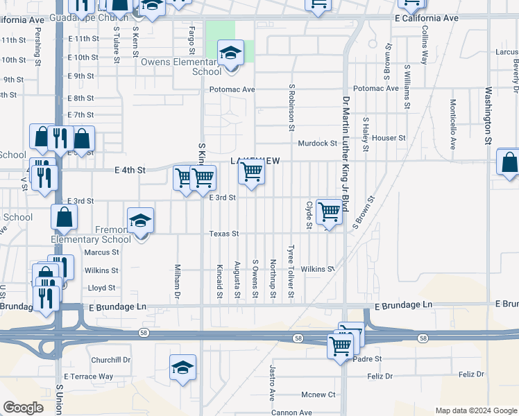 map of restaurants, bars, coffee shops, grocery stores, and more near 225 South Owens Street in Bakersfield