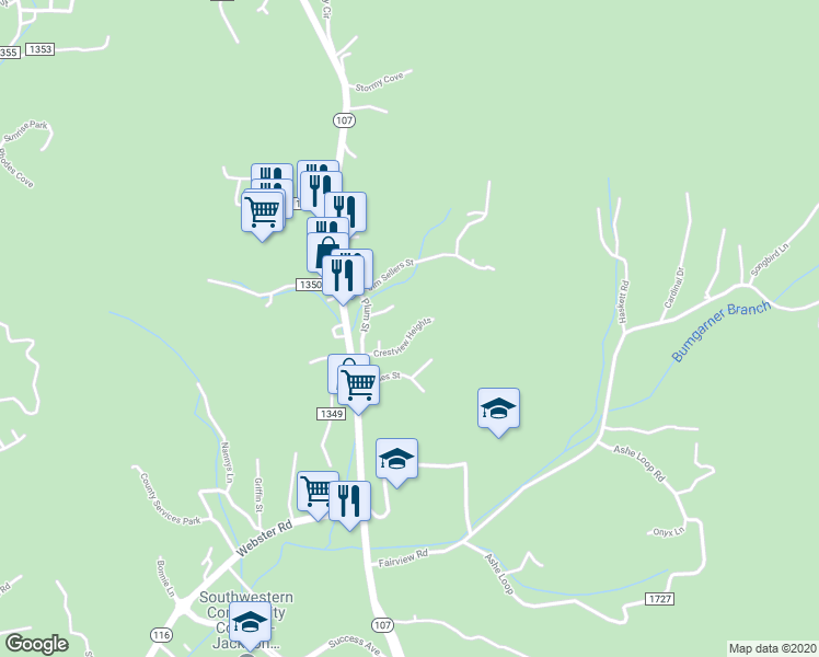 map of restaurants, bars, coffee shops, grocery stores, and more near 149 Crestview Heights in Sylva