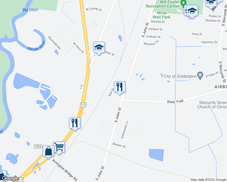 map of restaurants, bars, coffee shops, grocery stores, and more near 101 Hazel Street in Goldsboro