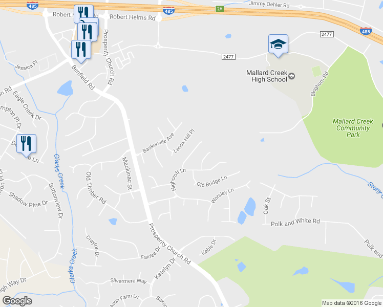 map of restaurants, bars, coffee shops, grocery stores, and more near Stoneykirk Ln in Charlotte