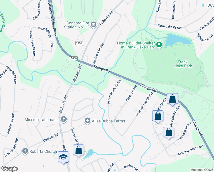 map of restaurants, bars, coffee shops, grocery stores, and more near 4104 Pebblebrook Circle Southwest in Concord