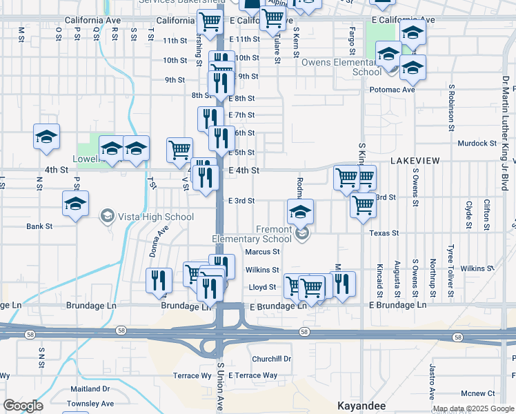 map of restaurants, bars, coffee shops, grocery stores, and more near 221 Wood Street in Bakersfield