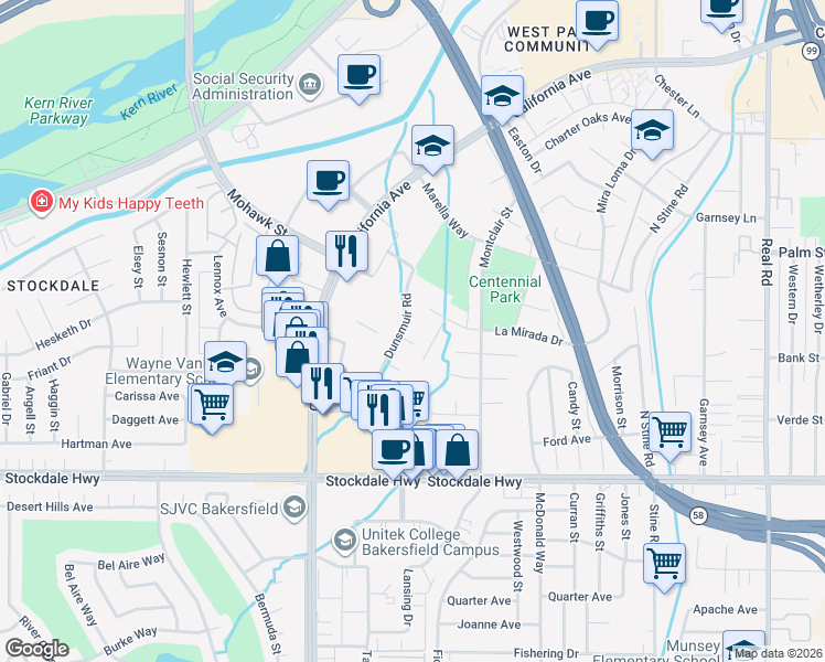 map of restaurants, bars, coffee shops, grocery stores, and more near 5101 La Mirada Drive in Bakersfield
