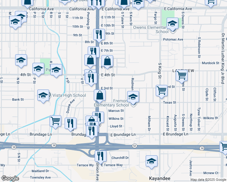 map of restaurants, bars, coffee shops, grocery stores, and more near 221 Wood Street in Bakersfield