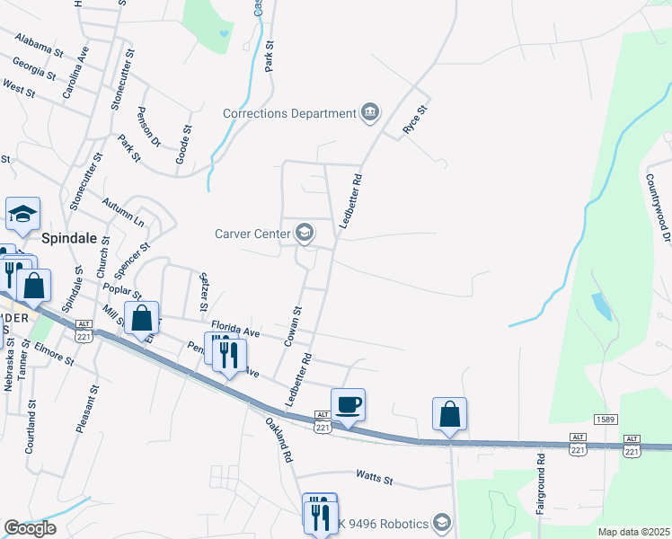map of restaurants, bars, coffee shops, grocery stores, and more near 326 Ledbetter Road in Spindale