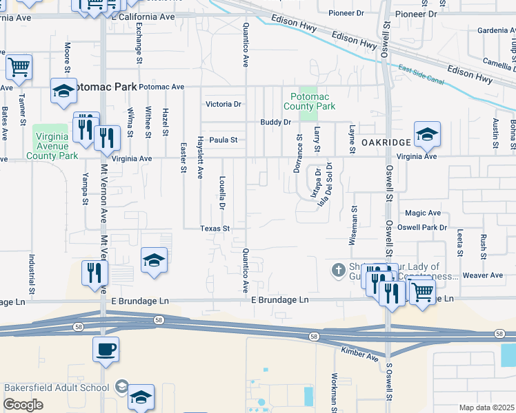 map of restaurants, bars, coffee shops, grocery stores, and more near 2705 Bomark Court in Bakersfield