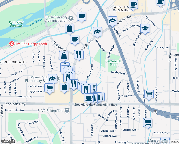 map of restaurants, bars, coffee shops, grocery stores, and more near 5100 Dunsmuir Road in Bakersfield