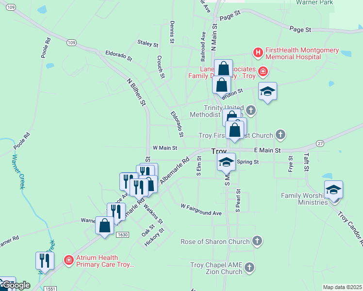 map of restaurants, bars, coffee shops, grocery stores, and more near 335 West Chestnut Street in Troy