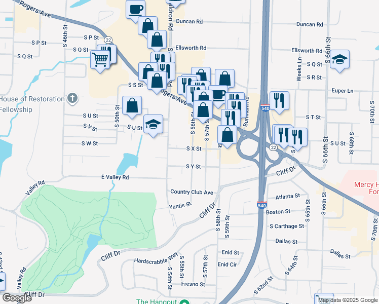 map of restaurants, bars, coffee shops, grocery stores, and more near 2401 South 56th Street in Fort Smith