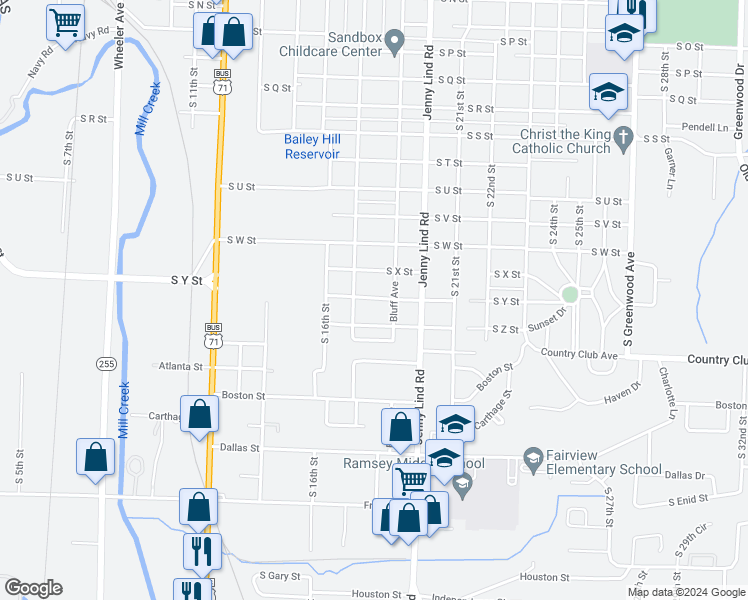 map of restaurants, bars, coffee shops, grocery stores, and more near 1806 South X Street in Fort Smith