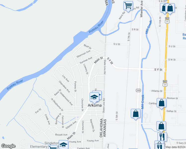 map of restaurants, bars, coffee shops, grocery stores, and more near 417 Texas Street in Arkoma