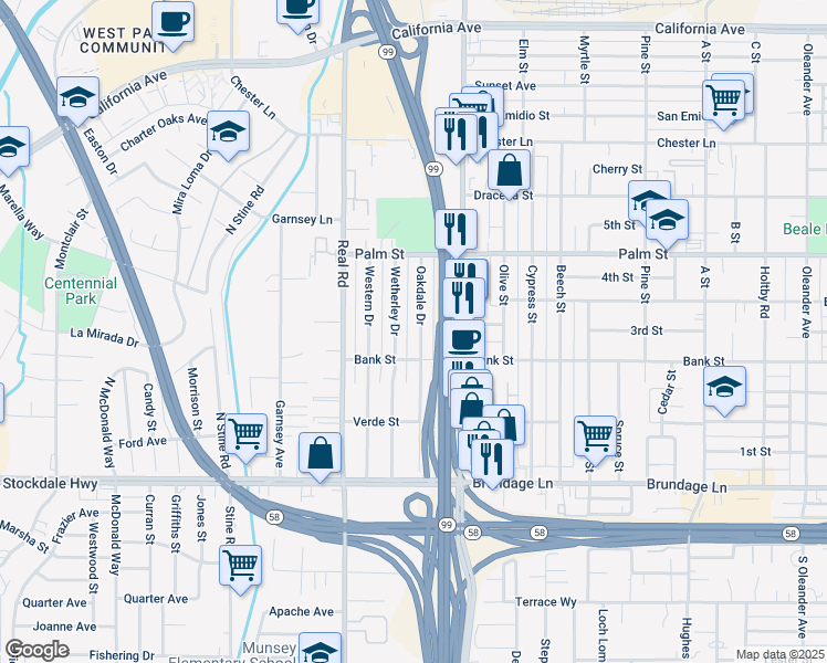 map of restaurants, bars, coffee shops, grocery stores, and more near 241 Oakdale Drive in Bakersfield