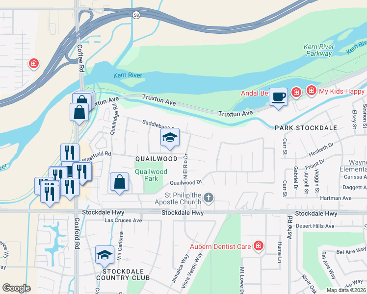 map of restaurants, bars, coffee shops, grocery stores, and more near 625 Purdy Court in Bakersfield