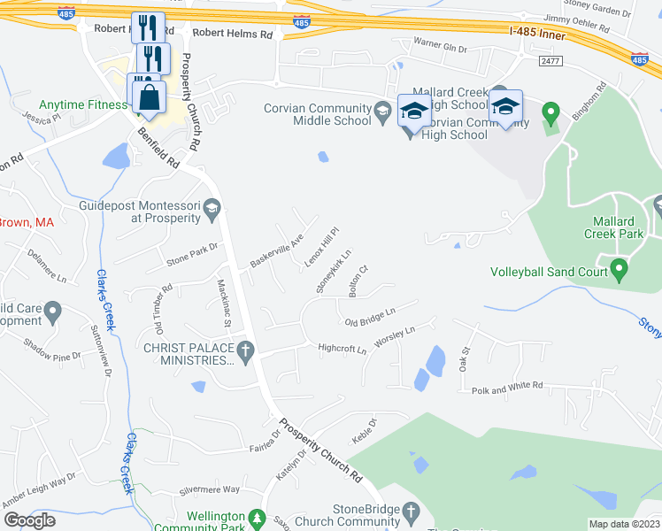 map of restaurants, bars, coffee shops, grocery stores, and more near 10238 Stoneykirk Lane in Charlotte