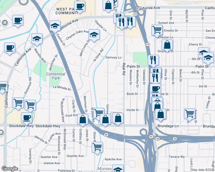 map of restaurants, bars, coffee shops, grocery stores, and more near 345 Garnsey Avenue in Bakersfield